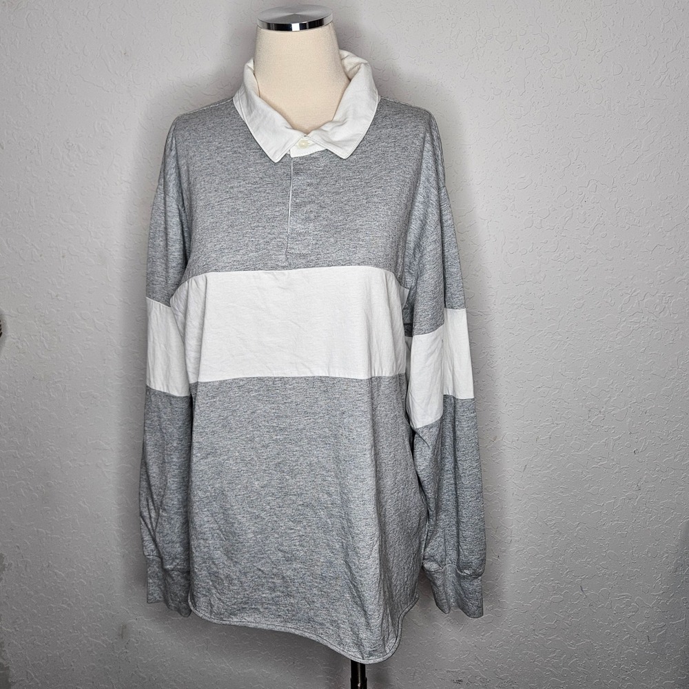 Wild Fable Oversized Grey White Colorblock Long Sleeve‎ Rugby Polo Shirt Large